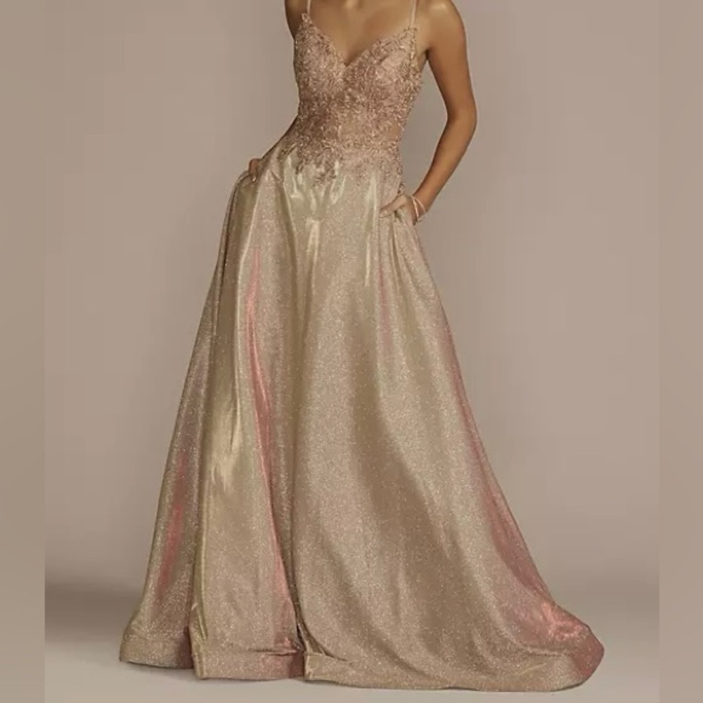 Jules & cleo iridescent ball gown with illusion lace applique